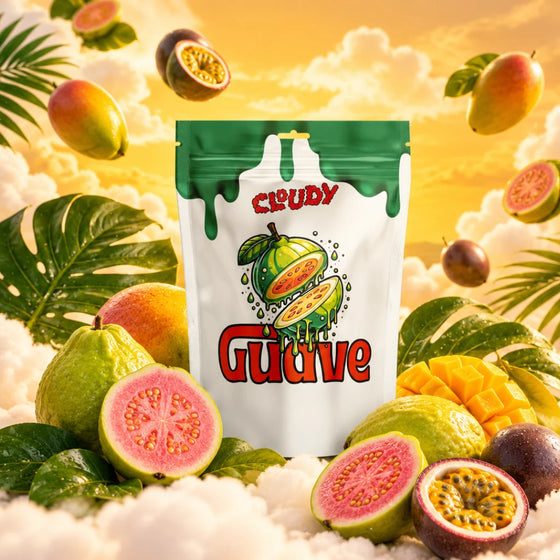 Fleur CBD Guava indoor : sachet Cloudy illustré d'une goyave sur fond orange vif