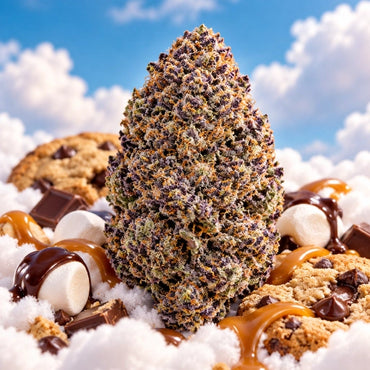 Fleur CBD Dream Cake : gros plan d'une tête givrée de trichomes sur fond blanc